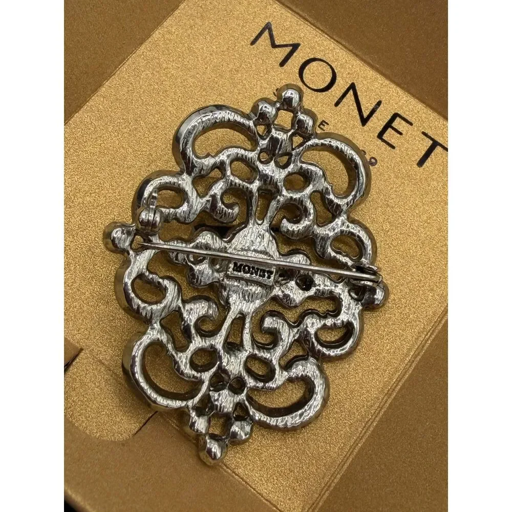 NWOT Vintage Monet Brooch Silvertone Filigree Rhinestone